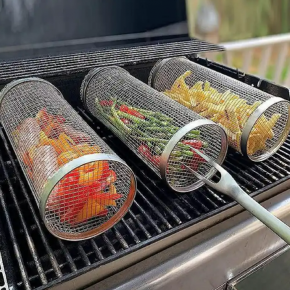 Stainless Steel Outdoor Camping Barbecue Cooking Round Grill Basket Wire Mesh